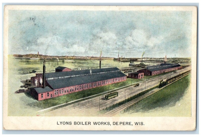 c1920's Lyons Boiler Works Smokestacks Factory De Pere Wisconsin WI Postcard