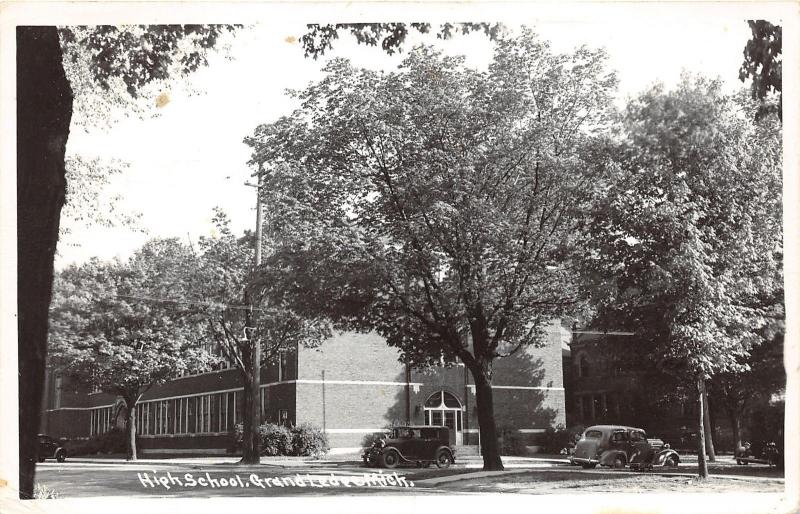 Grand Ledge Michigan~High School Building~30s & 40s Cars in Front~1952 RPPC