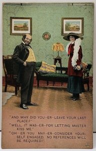 1911 Flirting Man Interviewing Woman for Housemaid Postcard D20