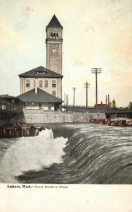Vintage Postcard Great Northern Depot Flowing Water Spokane Washington WA