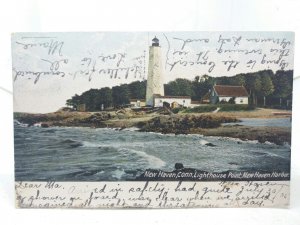 Lighthouse Point New Haven Harbor Conn USA Antique Vintage Postcard 1905