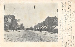 Chicago OH~Hitching Posts~Dirt Main St Trolley~Store Fronts~Hanging Light c1906