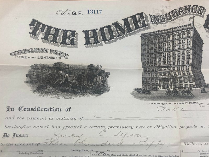 Antique 1885 Home Insurance Company of New York Warsaw Indiana Contract