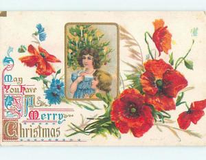 Pre-Linen christmas PRETTY GIRLS BESIDE OLD-FASHIONED CHRISTMAS TREE HQ6228