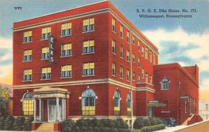 WILLIAMSPORT, PA Pennsylvania  B.P.O.E. ELKS HOME NO 173  c1940's Linen Postcard