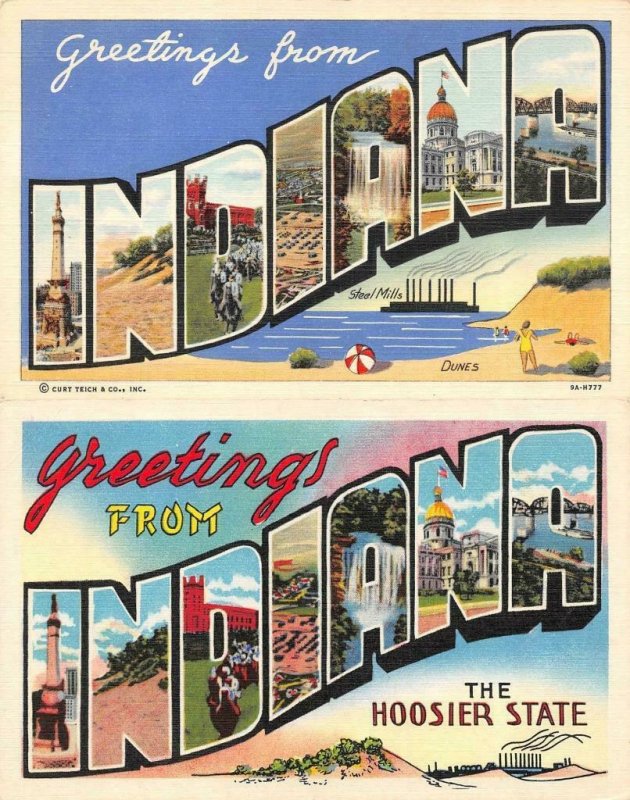 IN, INDIANA Large Letter Linens GREETINGS  Hoosier State *TWO* c1940's Postcards