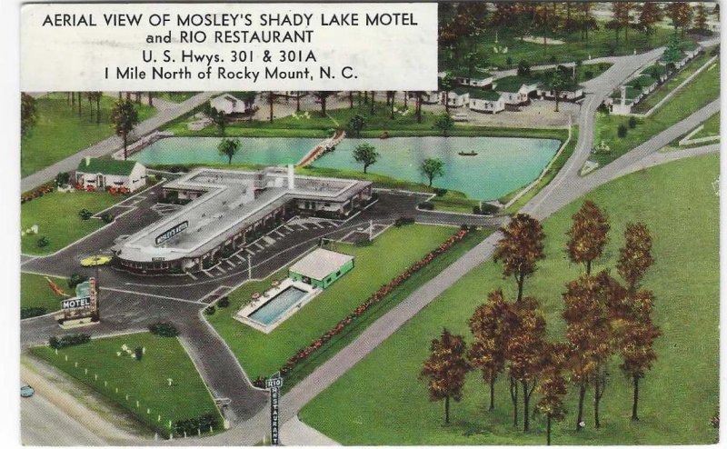 Vtg 1965 Aerial View of Mosley's Shady Lake Motel and Rio Restaurant, NC