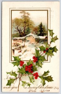 1906 To Wish You A Merry Christmas Landscape Green Leaves Posted Postcard