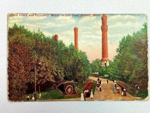 Vintage Postcard 1910's Floral Clock and Driveway Water Works Park Detroit MI