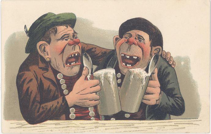 GERMAN-UGLY MEN-CHEERS WITH BEER-STEIN-EARLY-M44137