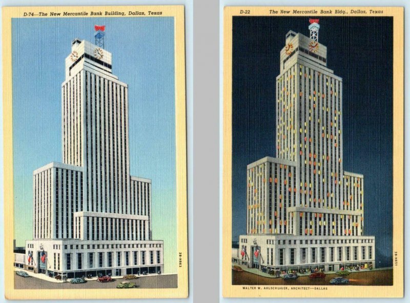 2 Postcards DALLAS, Texas TX ~ Day/Night NEW MERCANTILE BANK Building 1940s