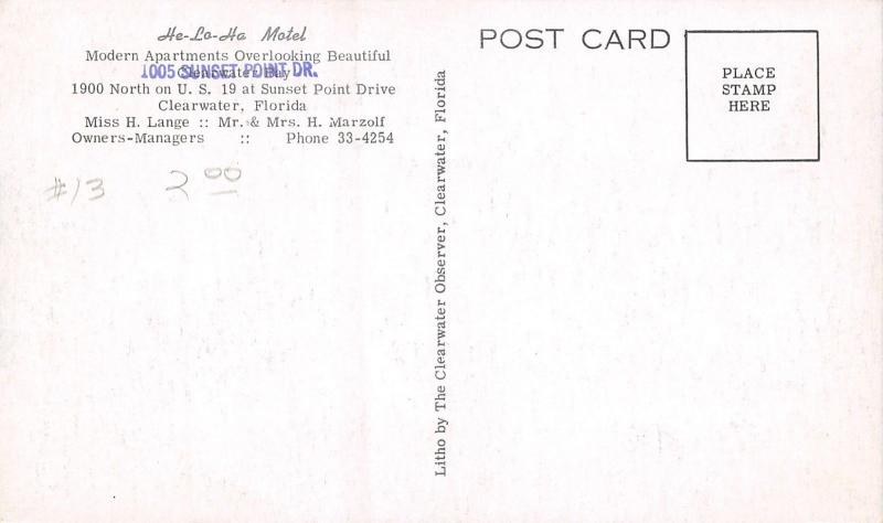 Clearwater FL~He-lo-Ha Motel~Waterfront Boats~Miss H Lange~H Marzolf~1940s B&W