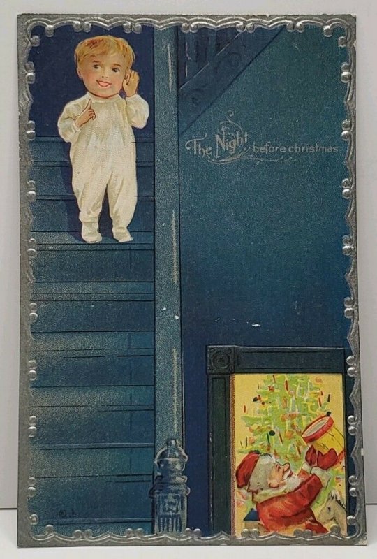 The Night Before Christmas Child on Stairs Santa at Tree Emb c1910 Postcard G18