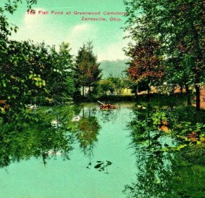 Fish Pond Greenwood Cemetery Zanesville Ohio OH 1910s Vtg Postcard UNP