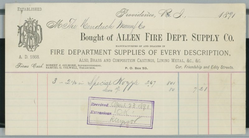 1891 Allen Fire Department Supply Co Providence R.I. Hendrick Manufacturing A34 