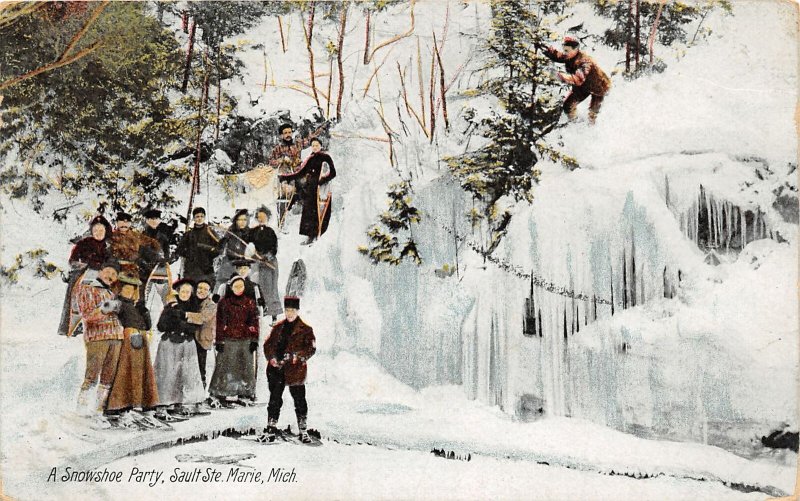 G37/ Sault Ste Marie Michigan Postcard 1907 Snowshoe Party Icicles Snow