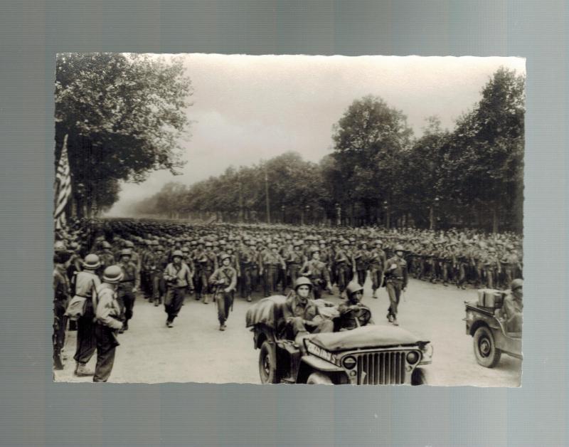 Mint WW2 Liberation of paris France US Army Infantry Champs Elysee Postcard RPPC