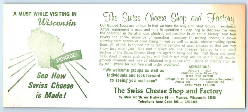 MONROE, WI ~ Advertising SWISS CHEESE SHOP Factory  3½x8¼ Roadside Postcard