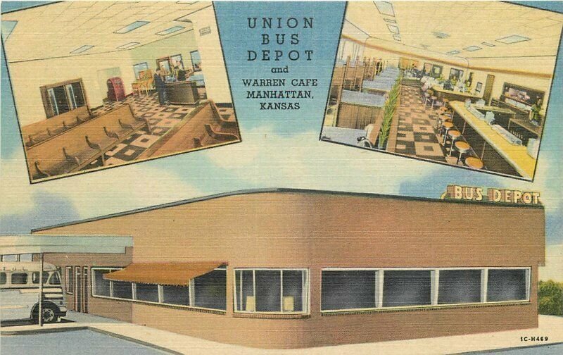 Manhattan Kansas Warren Cafe Union Bus Depot Wolf Teich 1940s Postcard 21-6790