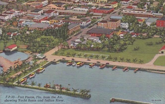 Florida Fort Pierce Aerial View Showing Yacht Basin and Indian River 1951 Cur...