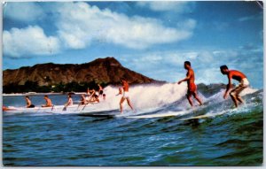 VINTAGE POSTCARD SURFING AND CANOEING AT WAIKIKI HAWAII 1964