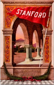 Postcard Leland Stanford Jr. University, Arches, Pennant Flag California