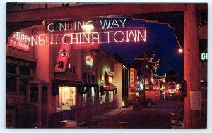 LOS ANGELES, CA California  ~ Neon Sign CHINATOWN ~ GINLING WAY c1960s Postcard