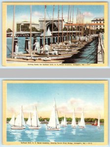 2 Postcards ANNAPOLIS NAVAL ACADEMY, MD ~ Sailors SAILBOAT DRILL 1940s WWII Era