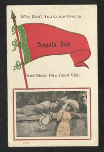 ANGOLA INDIANA RED GREEN PENNANT VINTAGE LOVERS POSTCARD 1918
