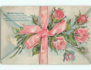 Pre-Linen MOSS ROSE - WORDS AND FLOWERS - WITH PINK RIBBON k7795