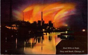 Linen Postcard Steel Mills at Night, Gary and South in Chicago, Illinois