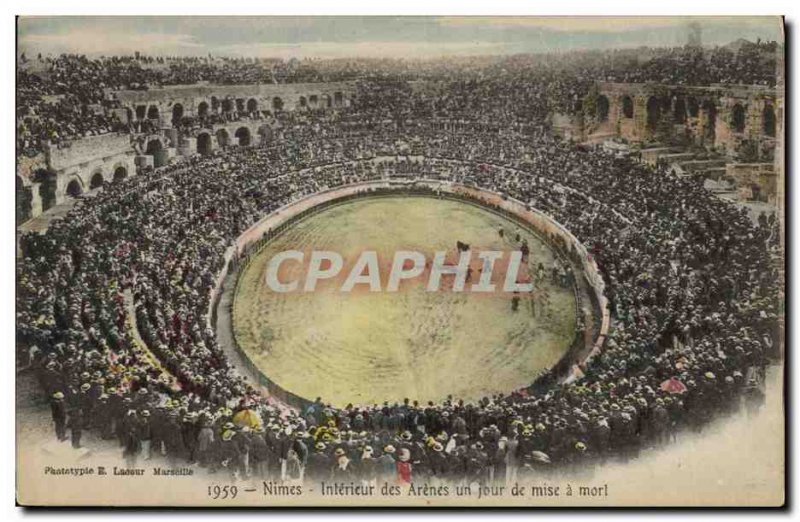 Postcard Old Bulls Bullfight Nimes Interior of racing arenas one day put to d...