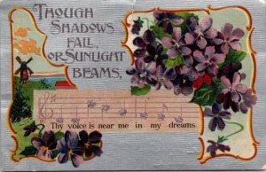 VINTAGE POSTCARD THINKING OF YOU PRINTED GERMANY MUSIC VIOLETS FLAG CANCEL 1910