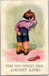 Crying Boy in Corner, Father's Hand and Mother's Slipper c1914 Vtg Postcard D25