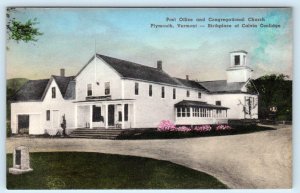 PLYMOUTH, VT Vermont ~ POST OFFICE & CHURCH  c1930s Hand Colored Postcard