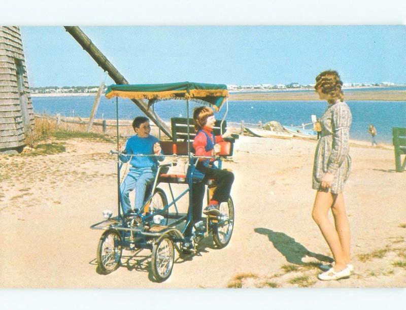 Pre-1980 TWO-PERSON SURREY SELENE BICYCLE AD ON BEACH Dennisport MA d6995