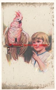 de Bock, Set of 6 Postcards, Vivian Mansell No 1195, Girl with Bird-Teddy Bear