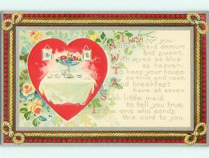Unused Divided-Back valentine PRETTY GREETING WITH TABLE IN HEART v2105@