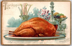 Thanksgiving Day, Roasted Turkey On Platter With Decanter, Fruit Bowl, Postcard