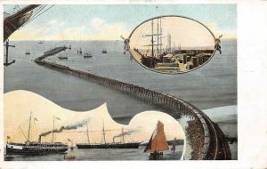 SHIP PORT & TRAIN RAILWAY BRIDGE LOS ANGELES CALIFORNIA POSTCARD (c. 1910)