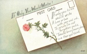 Vintage Postcard 1910's If Only You Would Write Post Card with Pink Flower Rose