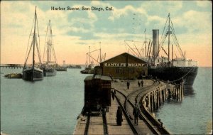 San Diego CA Harbor Scene Santa Fe Wharf c1910 Postcard