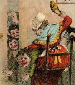 1880s Victorian Card Cat Children Old Lady On A Strike Satirical Comical #5H