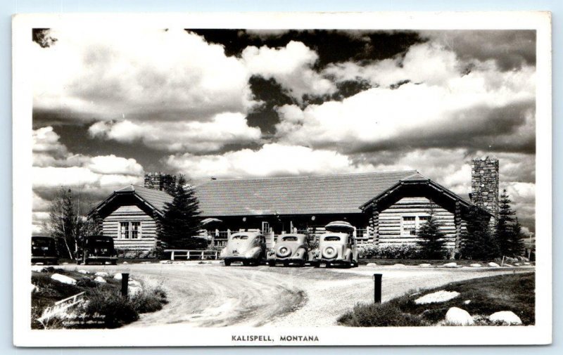 RPPC KALISPELL, MT Montana~ Roadside RUSTIC LOG RESTAURANT? c1930s Cars Postcard