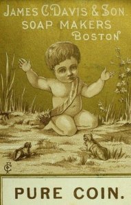 1870's-80's Lovely Cherub Frogs Pure Coin Soap, James C. Davis Boston Card F99
