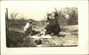 Picnic Bananas Drinking From Bottle 1917 Easter on Back Real Photo Postcard