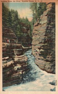 Vintage Postcard Looking Down The River Rocky Bed River Ausable Chasm New York