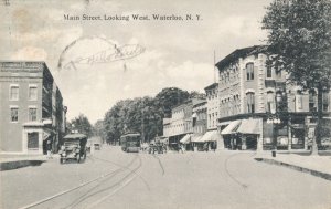 Waterloo NY New York Autos and Trolley on Main Street looking West pm 1917 - DB