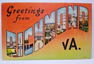 Greetings From Richmond Virginia Large Big Letter Linen Postcard Unused Vintage