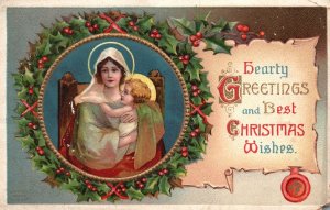 Vintage Postcard 1911 Hearty & Best Christmas Wishes Mother and Child Greetings 